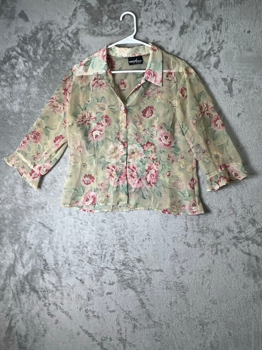 Vintage Y2K Romantic Floral Rose Print Sheer Button Down Blouse Sage Green Top